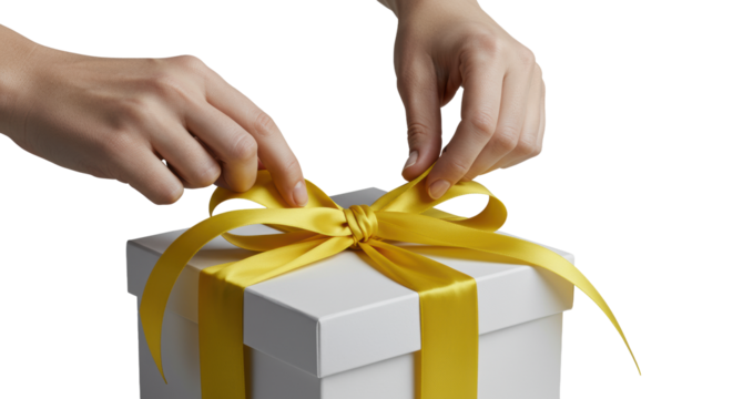 Well-manicured neutral hands delicately untying a vibrant yellow satin ribbon from a sleek matte white gift box in a minimalist studio with soft light and transparent background, concept of premium
