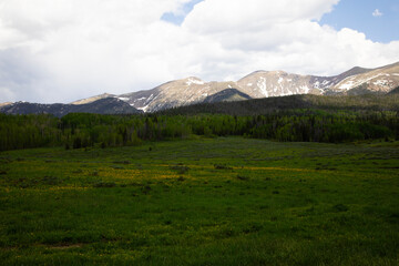 Morning glows on rural countryside in Walden, Colorado, along Cache la Poudre-North Park Scenic Byway in the American West
