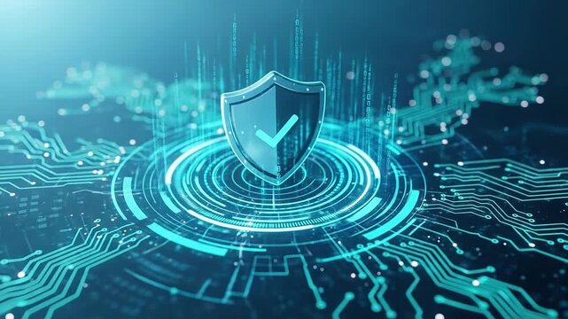 Shield with checkmark glows atop intricate circuit patterns Security concept data protection encryption technology online safety digital future cybersecurity network defense