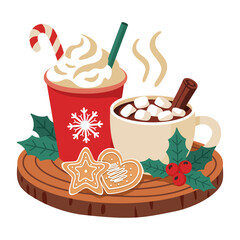 Cozy Hot Chocolate and Coffee with Christmas Cookies. Festive Winter Drink Illustration
