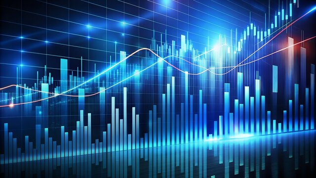 Abstract digital stock market trading graph with blue neon lights and data analysis, representing financial growth and economic trends in a futuristic business environment