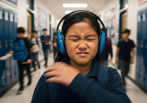 Autistic asian child girl at crowded school hallway classroom with noise cancelling headphones eyes shut distressed showing sensory overload anxiety panic meltdown motion blur