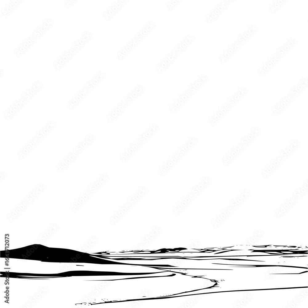 Poster a monochrome landscape featuring a distant mountain range and a textured foreground with linear elem