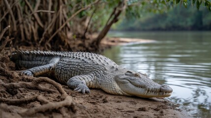 Obraz premium saltwater crocodile lounging on the muddy bank river