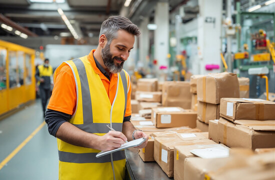 Male warehouse employee in safety vest checking packages and writing notes at busy distribution center
