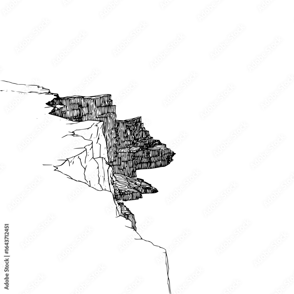Poster monochrome drawing of a cliff face with visible rock layers and jagged edges against a white backgro