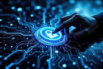 Cybersecurity Concept, Hand Touching Digital Lock Icon on Futuristic Circuit Board