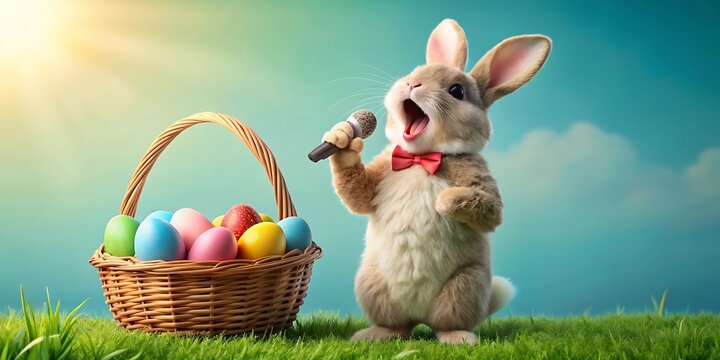 Singing Easter Bunny with Microphone and Basket of Colorful Eggs on Green Grass against a Blue Background in a Whimsical Scene