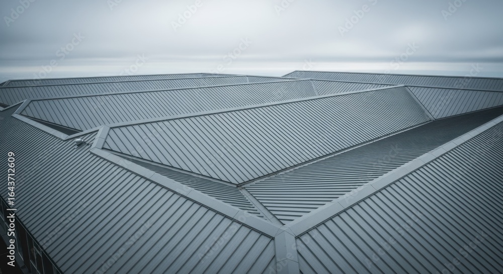 Poster overhead view of angular metal roofing complementing soft gray clouds