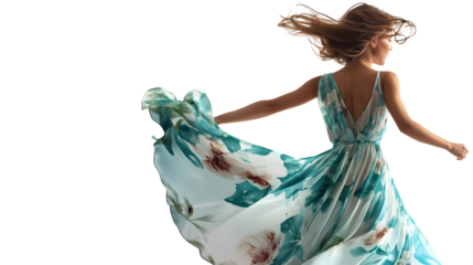 Woman in floral dress with arms outstretched and hair blowing in the wind in a joyful moment outside