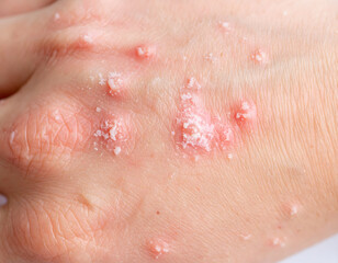 Fototapeta premium Macro photograph of human skin affected by psoriasis, showing redness, scaling, and inflammation – ideal for dermatology education, medical articles, and skin disease awareness