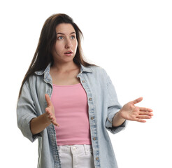 Woman suffering from panic attack on white background
