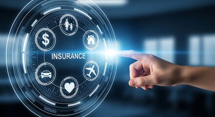 Hand touching digital interface displaying insurance icons and services