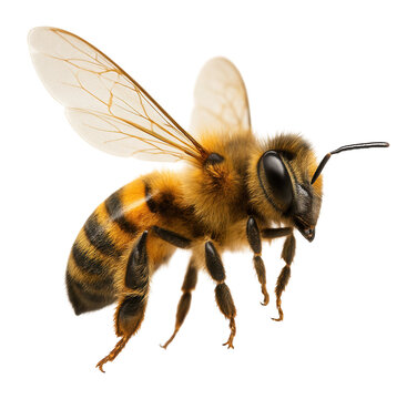 Highly detailed image of a bee in mid-flight.
