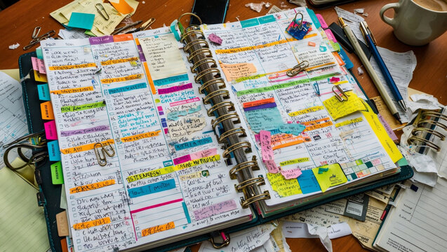 The Overwhelmed Planner: A Messy and Overcrowded Agenda Representing a Hectic Schedule