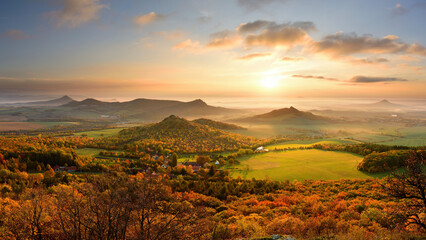 Golden Autumn Sunrise in Czech Central Mountains Scenic Fields and Trees