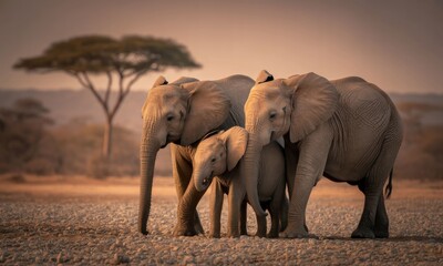 Three elephants, a mother and two calves, in a golden savanna sunset