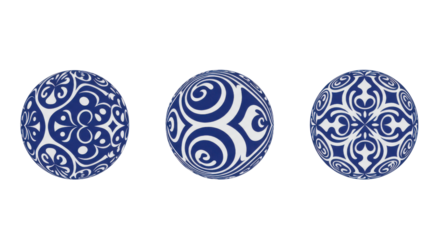 Three decorative blue and white patterned spheres isolated PNG with Transparent Background
