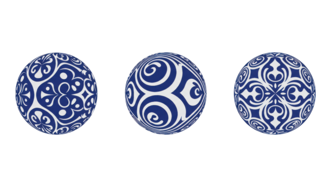 Three decorative blue and white patterned spheres isolated PNG with Transparent Background