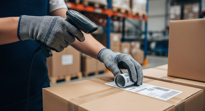 Worker scanning barcode on package in warehouse with gloves and scanner for shipping and inventory