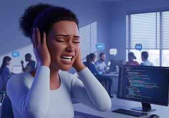 Neurodivergent black young adult woman in 3d cartoon style covering ears stressed at desk with coding monitor in crowded office showing sensory overload panic meltdown