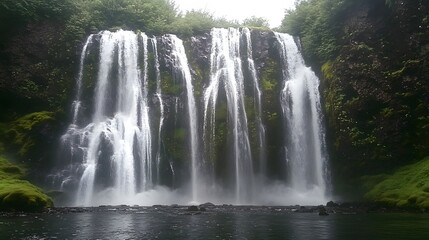 Naklejka premium Majestic Waterfall Cascading Down Mossy Cliffs