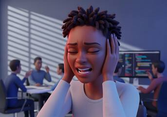 Neurodivergent black young adult woman in 3d cartoon style covering ears stressed at desk with coding monitor in crowded office showing sensory overload panic meltdown
