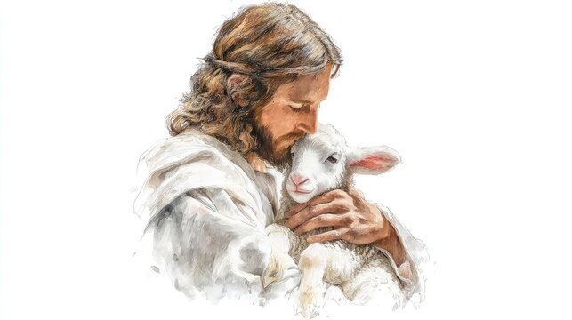 Watercolor painting of Jesus holding a baby lamb in gentle embrace, symbolizing love, compassion, and peace, ideal for religious art prints and Christian decor