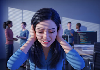 Neurodivergent asian young adult woman in 3d cartoon style covering ears stressed at desk with coding monitor in crowded office showing sensory overload panic meltdown