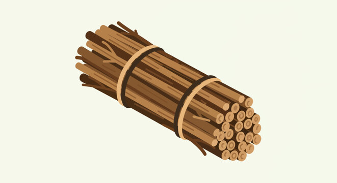 Diagonal view of a neatly arranged bundle of sticks tied with twine, illustrated on a plain off‑white background, emphasizing simplicity