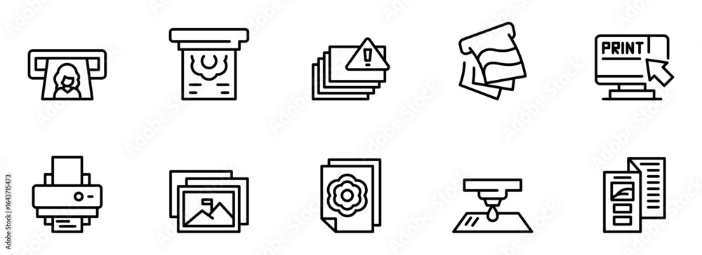 Poster clean minimalist line art icons: printing, publishing, and document workflow processes; digital and 
