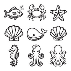 Collection of outlined sea creatures in a graphic style illustration icon set