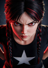 Garota Estilo Punk com Tranças Pretas e Vermelhas