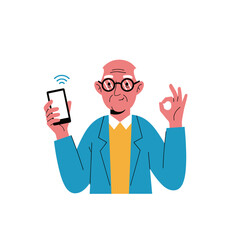 Elderly man holding smartphone showing ok gesture and wireless signal