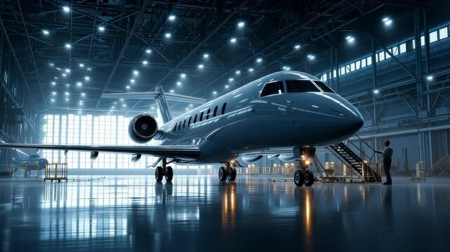 Private jet parked inside illuminated aircraft hangar with crew preparing for departure, showcasing luxury travel and modern aviation