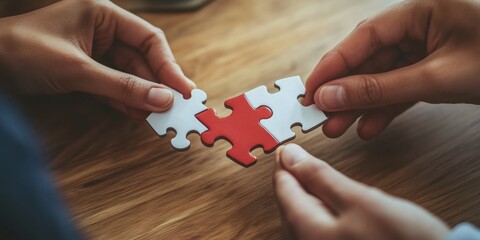 Hands Completing Colorful Jigsaw Puzzle on Wooden Table Top