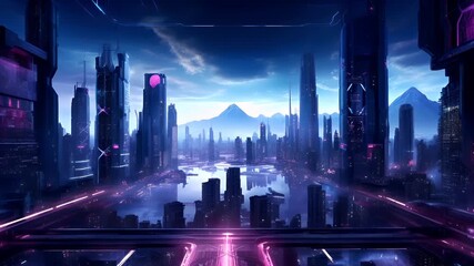 A cyberpunk cityscape digital artwork with a futuristic urban setting. The cityscape is dominated by towering skyscrapers, some with neon lights, and a body of water reflecting the citys lights. - Powered by Adobe