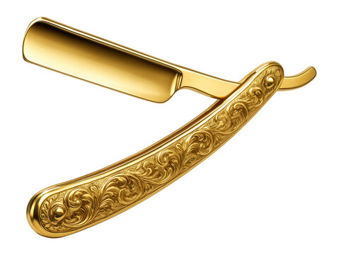 Gold ornate straight razor barber tool for luxury shaving.