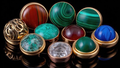 Colorful gemstone buttons arranged on black background