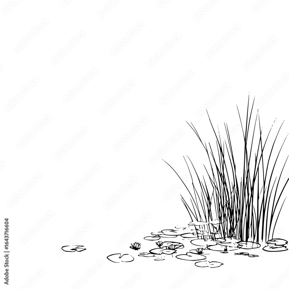 Poster illustration of reeds and lily pads in a pond with a sketch style on a white background in black and