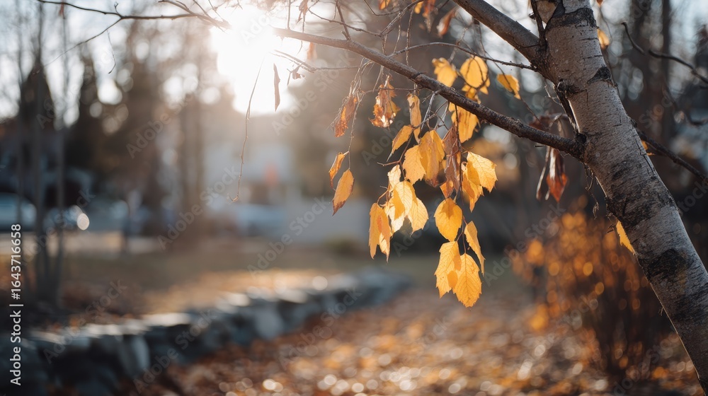 Poster Warm backlit shot of autumn tree branches with golden leaves filtering sunlight and empty space on the right side, evoking tranquility and seasonal change