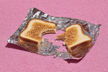A bitten toasted sandwich on foil