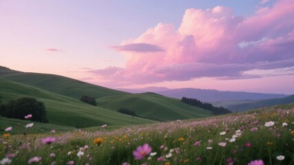 Rolling Hills at Sunset with Wildflowers and Pink Clouds
