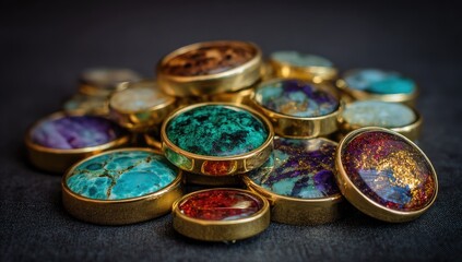 Close-up of colorful gemstone buttons