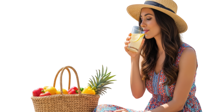 Woman in Straw Hat Drinks Lemonade with Fruit Basket drink glass pineapple apple lemon pepper red yellow green fresh healthy