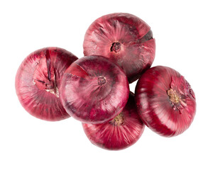 Sweet purple red flat onion bulbs isolated on white background. Top view.