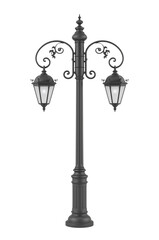 Elaborate street lamp fixture illuminating with refined elegance on a transparent view