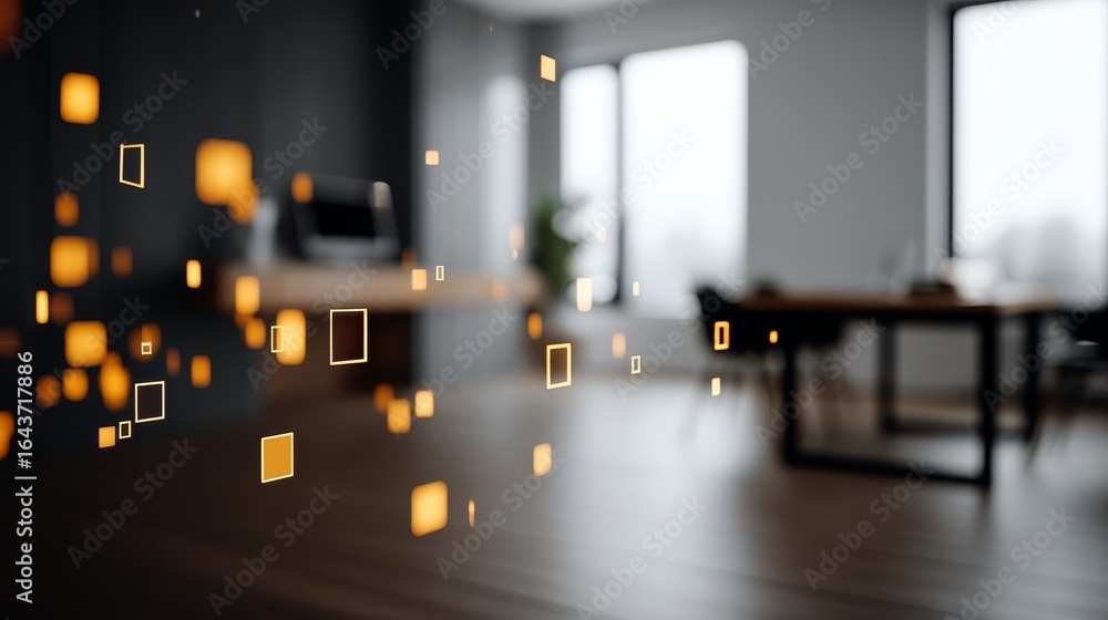 Poster modern openplan workspace with glowing digital overlays and abstract data visualizations, blurred ba