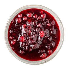 Cranberry jam in gray bowl isolated on white background. Top view.
