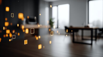 Modern openplan workspace with glowing digital overlays and abstract data visualizations, blurred background, ecofriendly office ambiance, dynamic technology atmosphere.